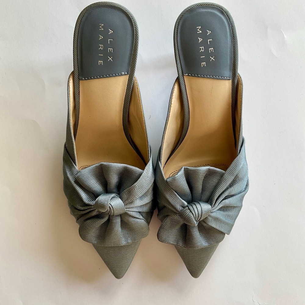 Alex Marie Slate Blue Ribbed Bow Pointed Toe Mule Kitten Heels Slip On Pumps 6.5 - Picture 3 of 12